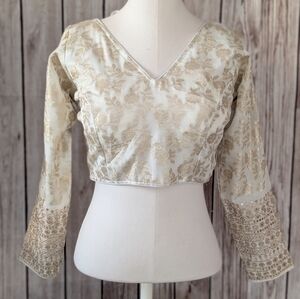 Off White and gold readymade long sleeves Blouse for Saree or Lehenga